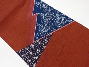 リサイクル　じゅらく製　手織り紬切嵌刺し子花々に麻の葉模様袋帯